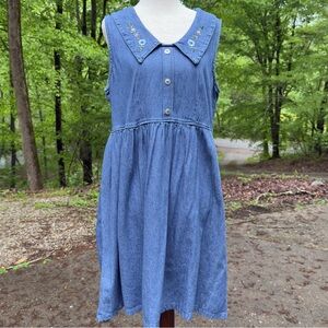 Vintage 90s Faded Glory Cottagecore Chambray Embroidered Collar Sundress Medium